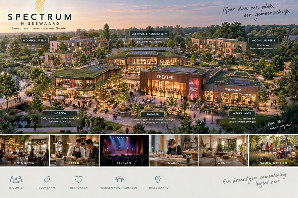 Impressie van bovenaf: twee woonclusters in het groen rond een plein met theater, horeca en werkplaats