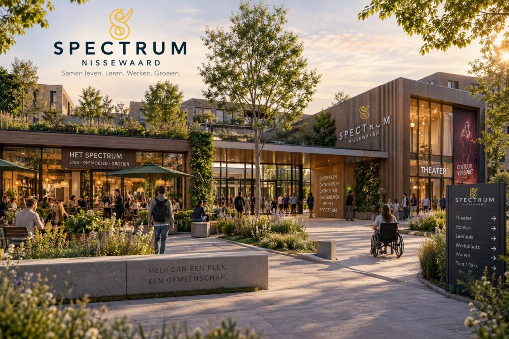 Impressie van het plein met houten gebouw, terras en bomen